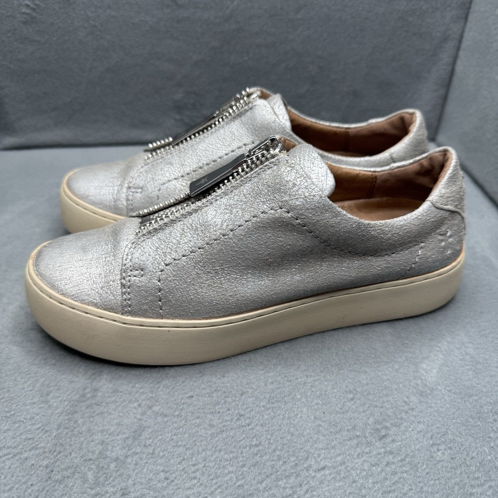 Frye Lena Zip Low Silver Metallic Leather Sneakers Women's Size 5.5 M